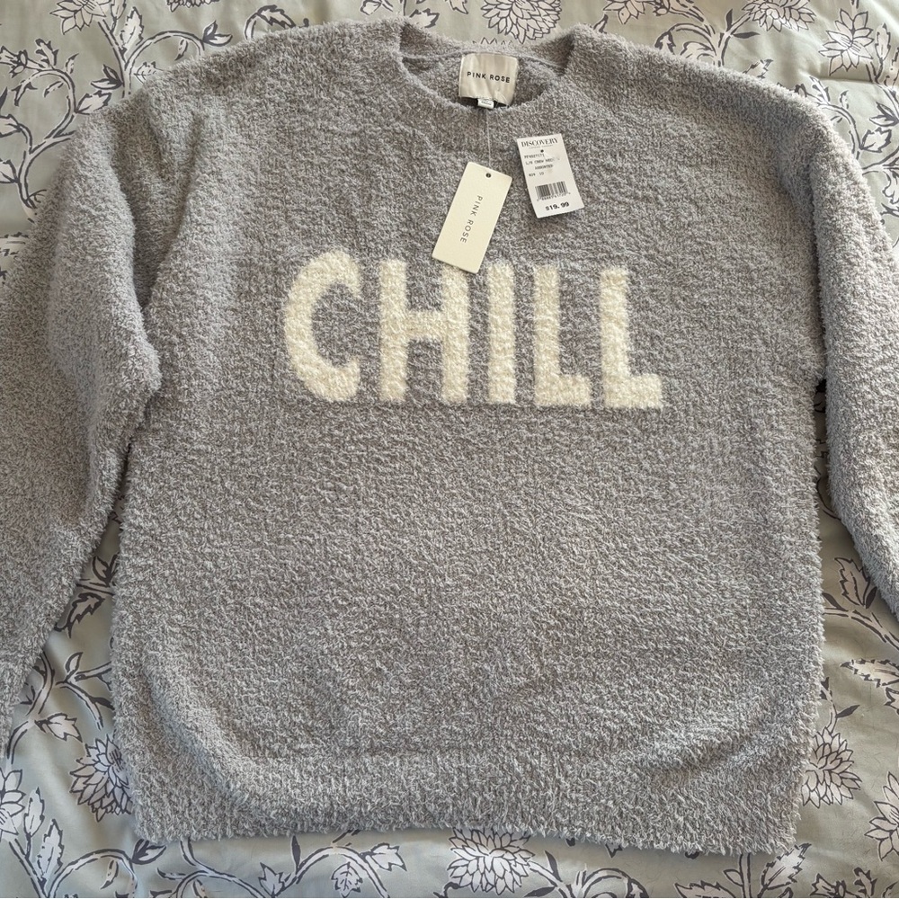 Pink Rose Gray Fuzzy Sweater with White 'CHILL' Text